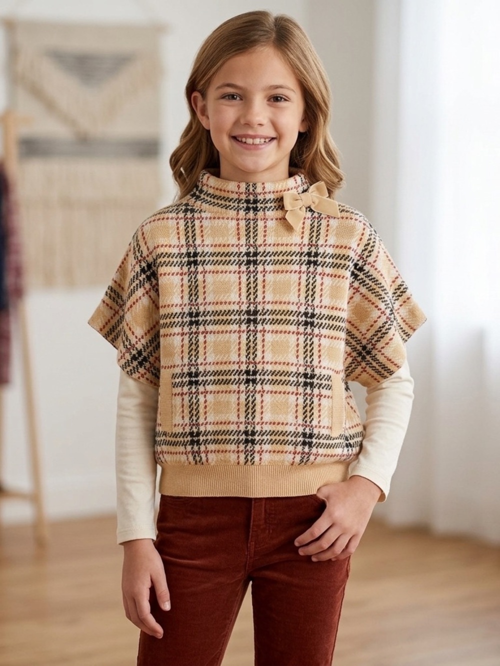 Girls Hope and Henry Plaid Cape Sweater with Bow Accent Size Large